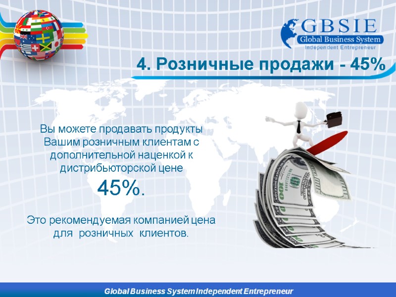 4. Розничные продажи - 45% Вы можете продавать продукты Вашим розничным клиентам с дополнительной